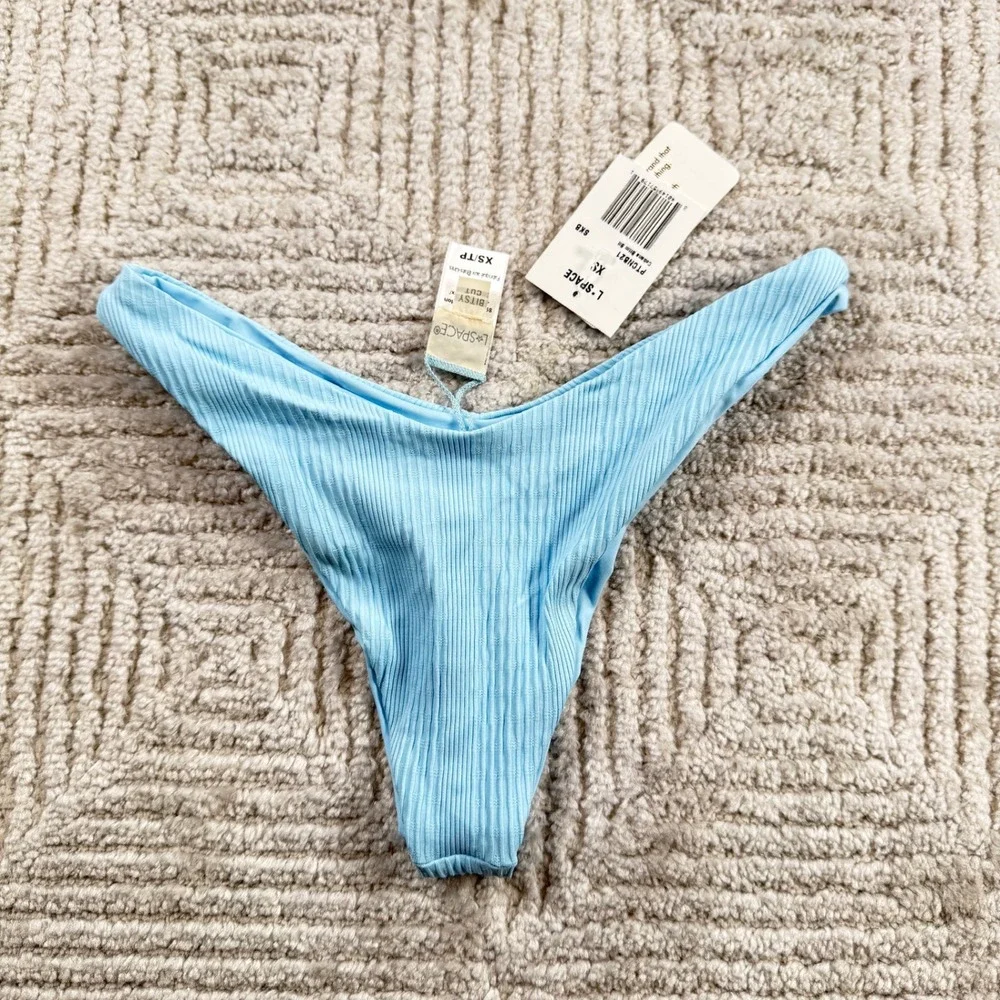 L*Space Cabana Bitsy Bikini Bottoms Women's XS Blue Ribbed High Leg Swim NWT